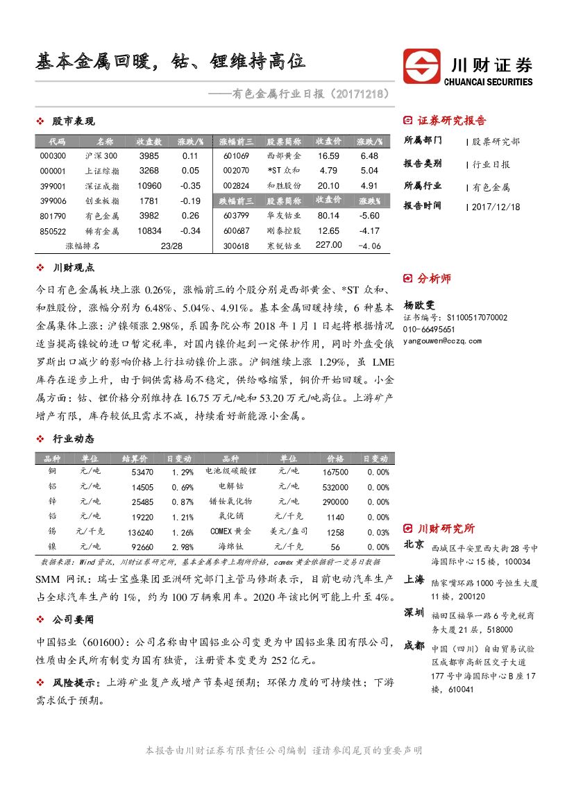 川财证券：有色金属行业日报：基本金属回暖，钴、锂维持高位