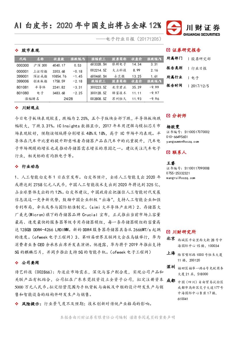 川财证券：电子行业日报：AI白皮书：2020年中国支出将占全球12%