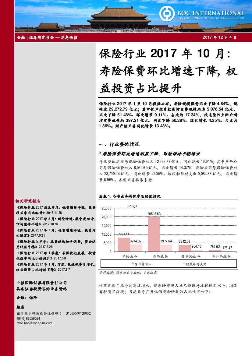 中银国际：保险行业2017年10月：寿险保费环比增速下降，权益投资占比提升