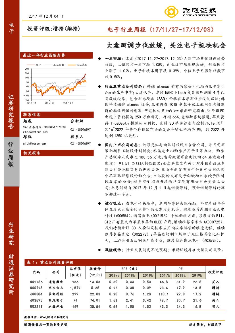 财通证券：电子行业周报：大盘回调步伐放缓，关注电子板块机会