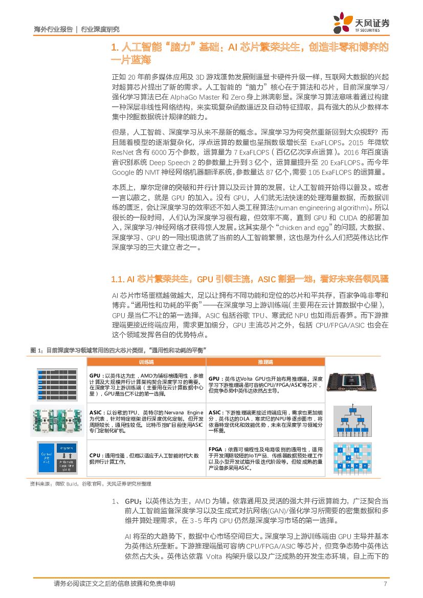 天风证券：人工智能芯片行业深度研究：人工智能立夏已至，AI芯片迎接蓝海；首推：英伟达GPU王者风范，Google TPU破局科技_第7页