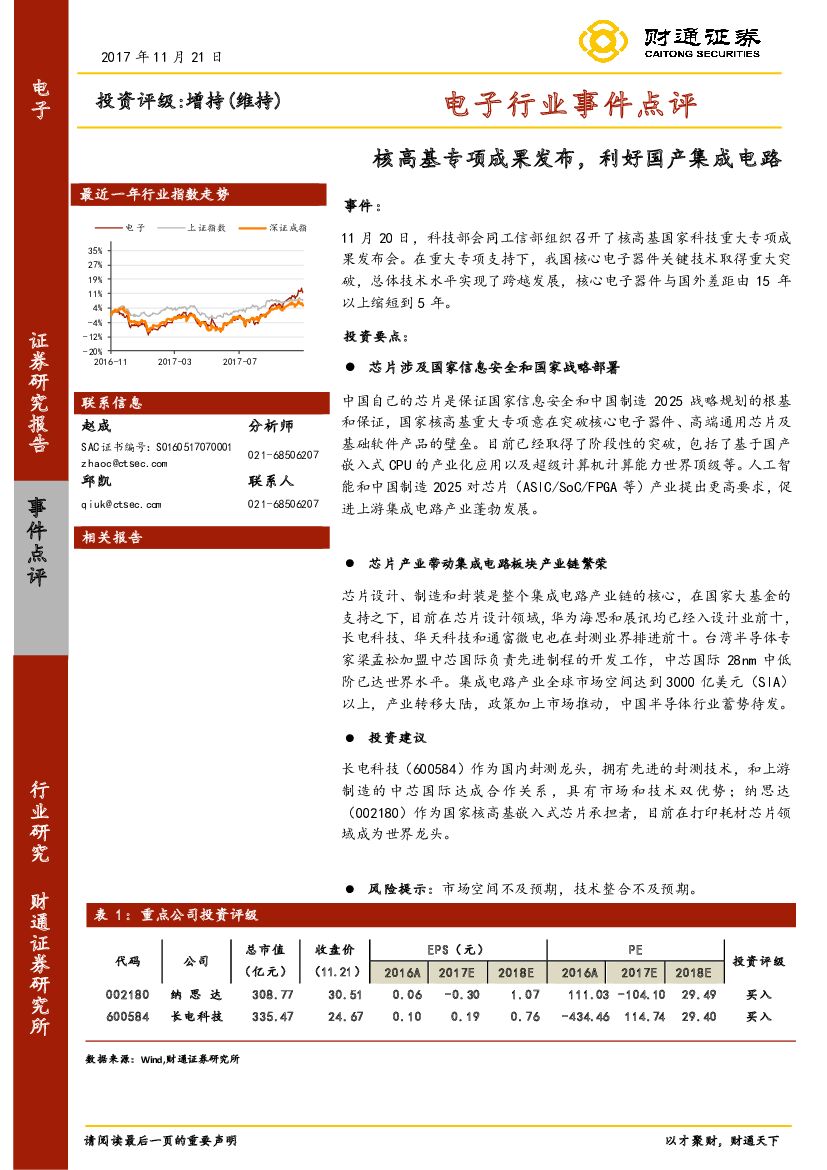 财通证券：电子行业事件点评：核高基专项成果发布，利好国产集成电路