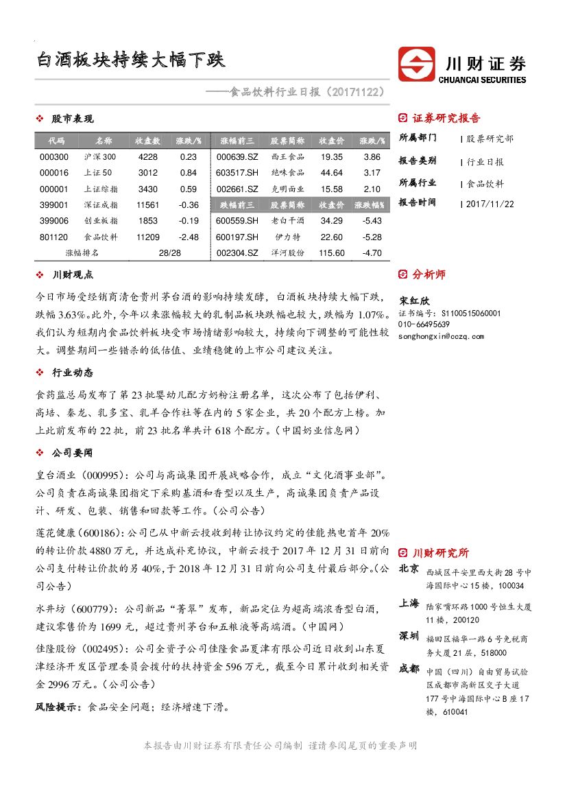 川财证券：食品饮料行业日报：白酒板块持续大幅下跌