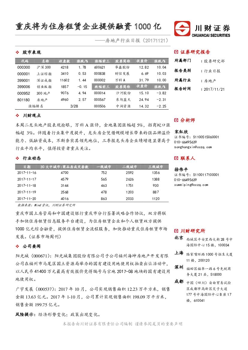 川财证券：房地产行业日报：重庆将为住房租赁企业提供融资1000亿