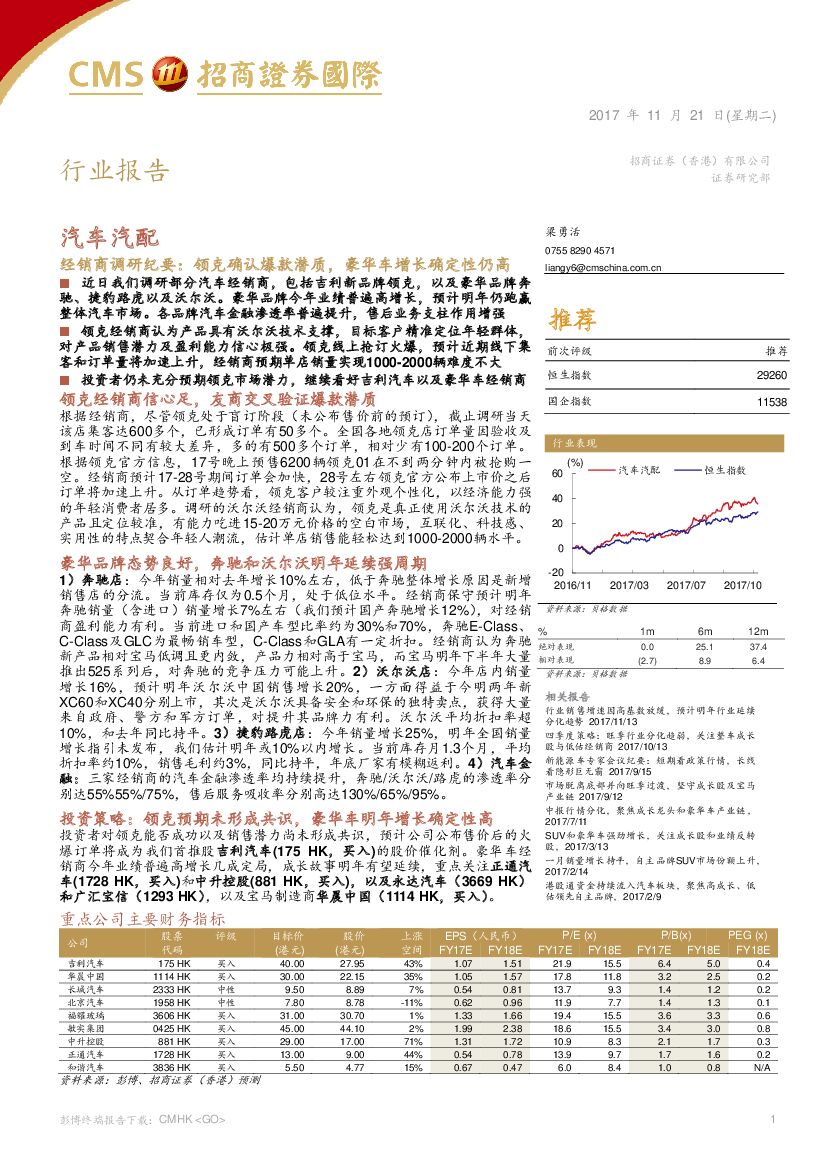 招商证券(香港)：汽车汽配经销商调研纪要：领克确认爆款潜质，豪华车增长确定性仍高