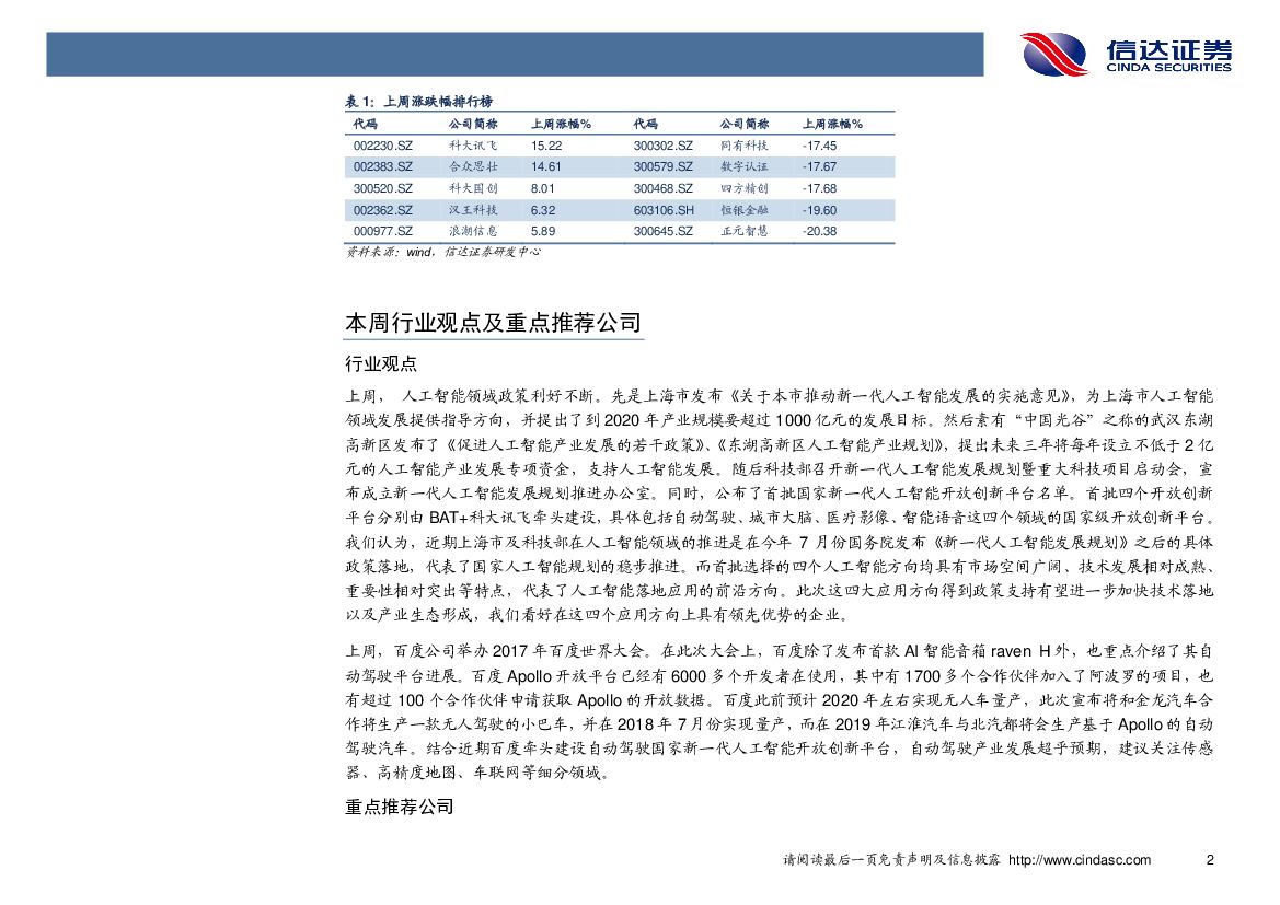 信达证券：计算机行业2017年第48周周报：政策利好不断，首批国家人工智能创新平台公布_第6页