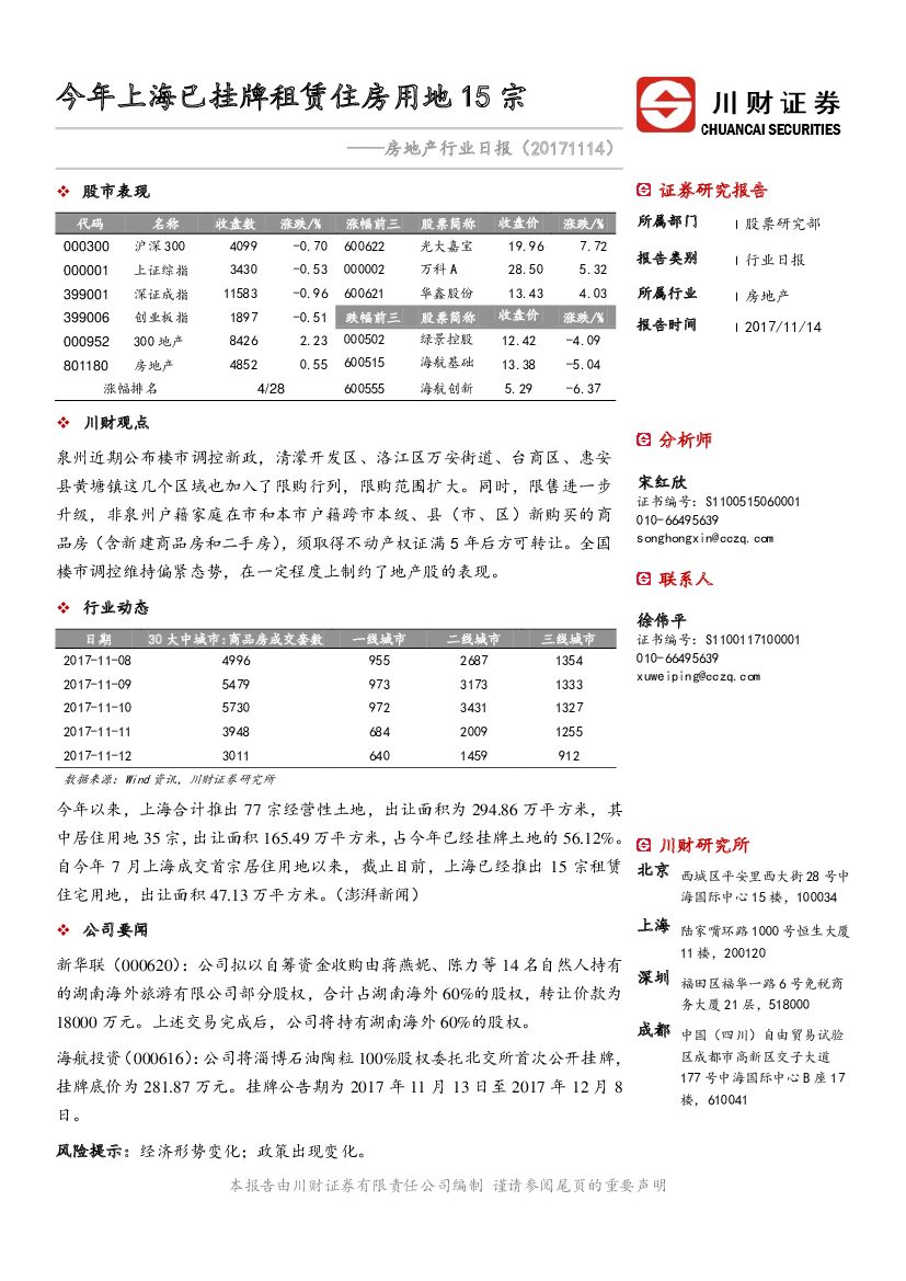 川财证券：房地产行业日报：今年上海已挂牌租赁住房用地15宗