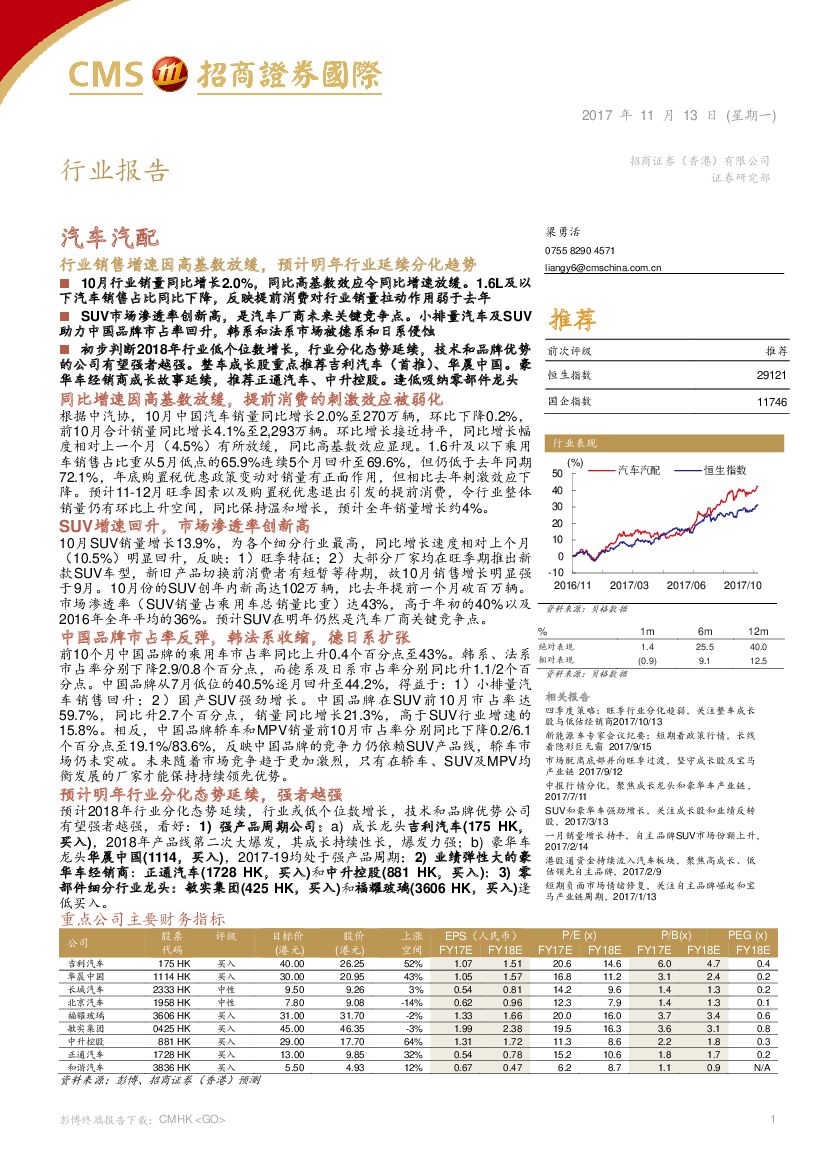 招商证券(香港)：汽车汽配：行业销售增速因高基数放缓，预计明年行业延续分化趋势