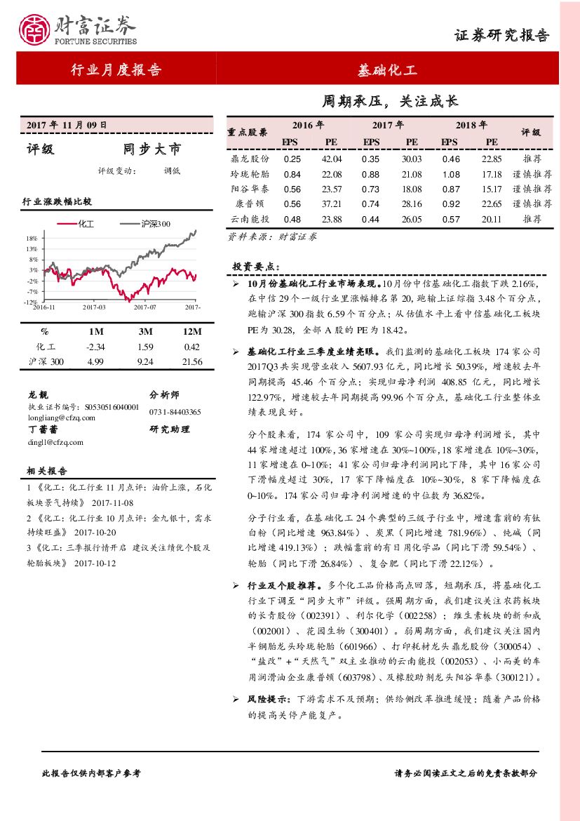 财富证券：基础化工行业月度报告：周期承压，关注成长