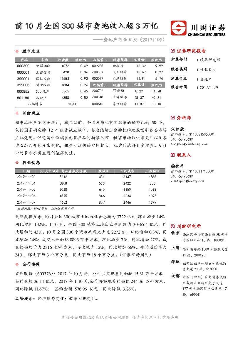 川财证券：房地产行业日报：前10月全国300城市卖地收入超3万亿