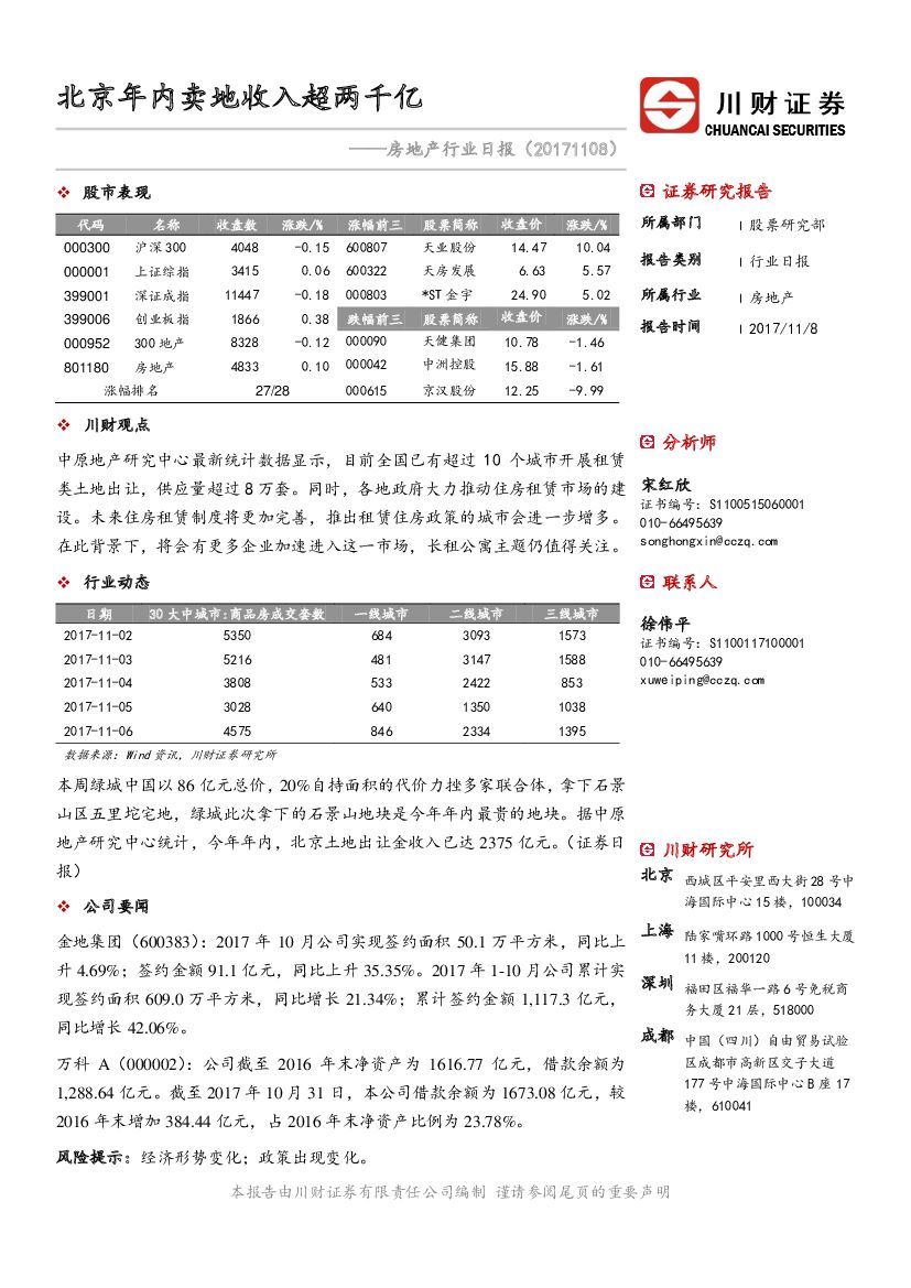 川财证券：房地产行业日报：北京年内卖地收入超两千亿