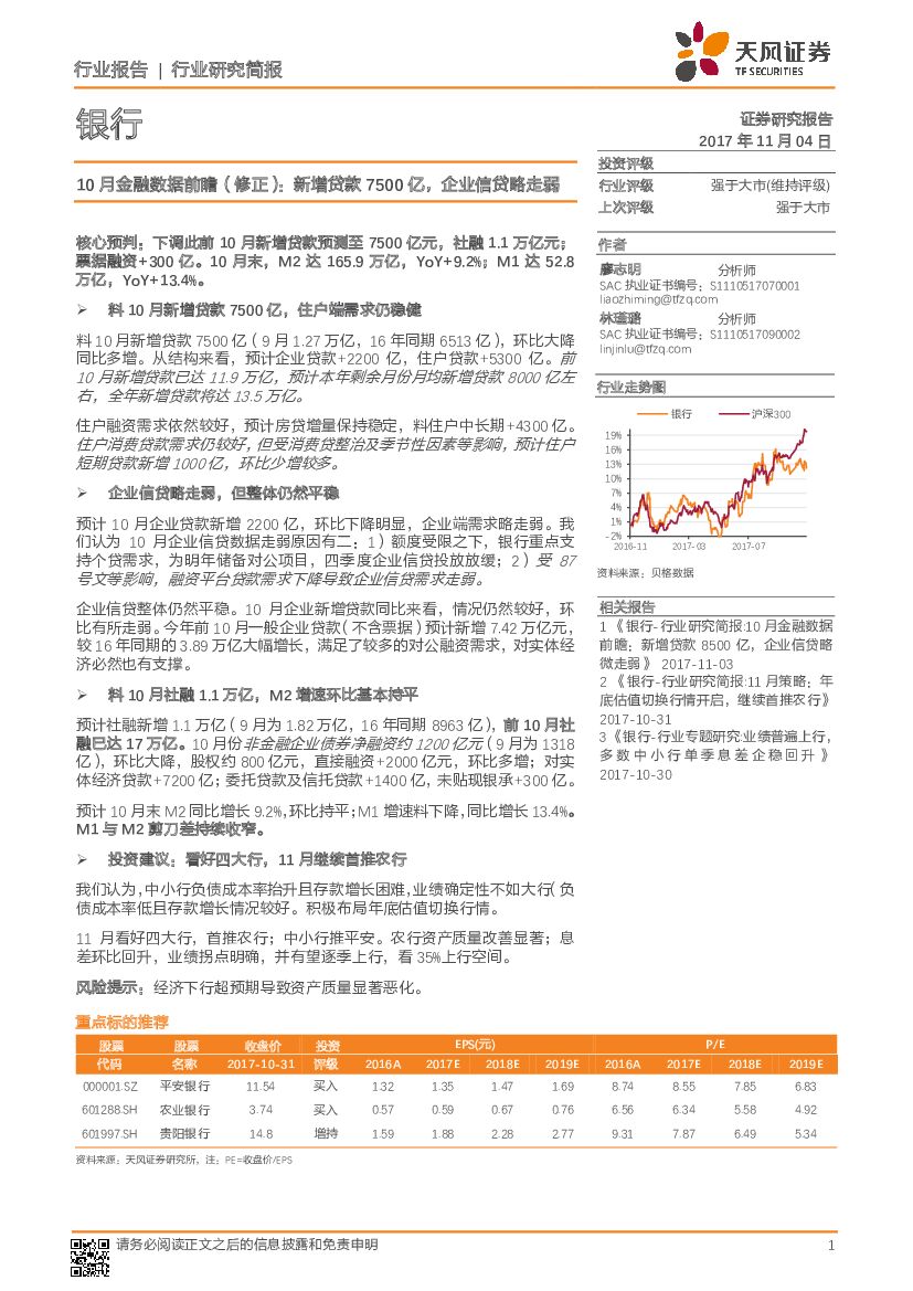天风证券：银行：10月金融数据前瞻（修正）：新增贷款7500亿，企业信贷略走弱