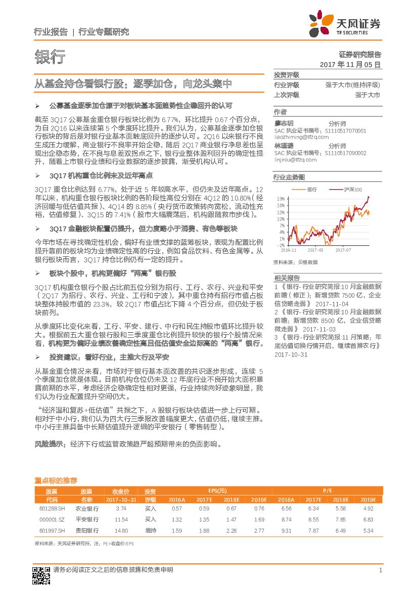 天风证券：银行行业专题研究：从基金持仓看银行股：逐季加仓，向龙头集中
