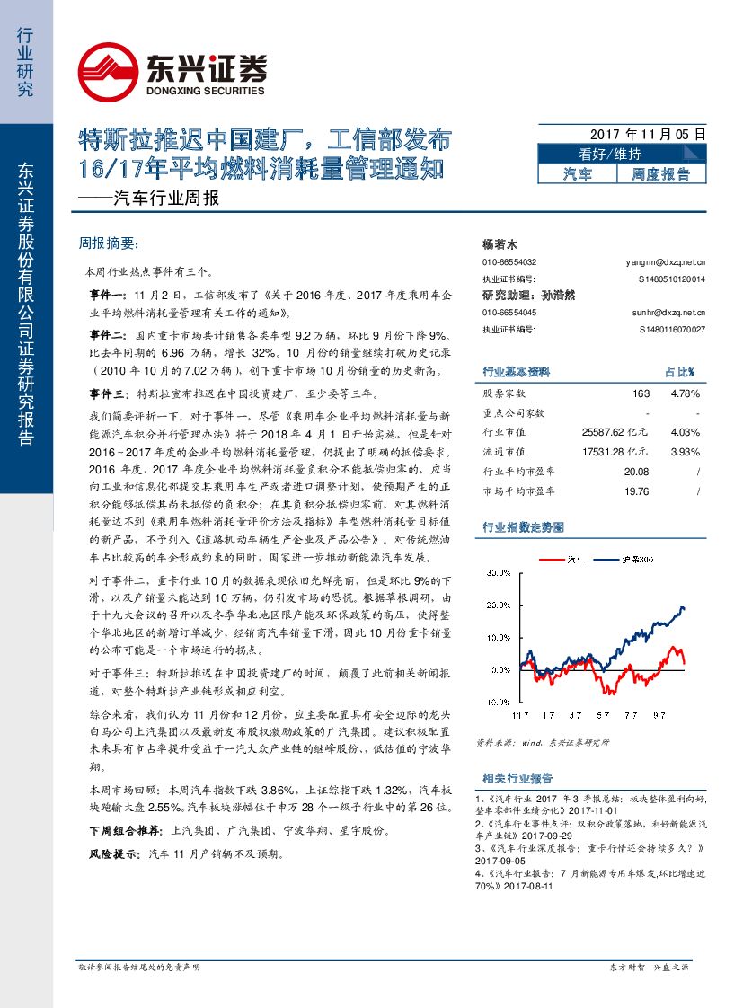东兴证券：汽车行业周报：特斯拉推迟中国建厂，工信部发布16/17年平均燃料消耗量管理通知