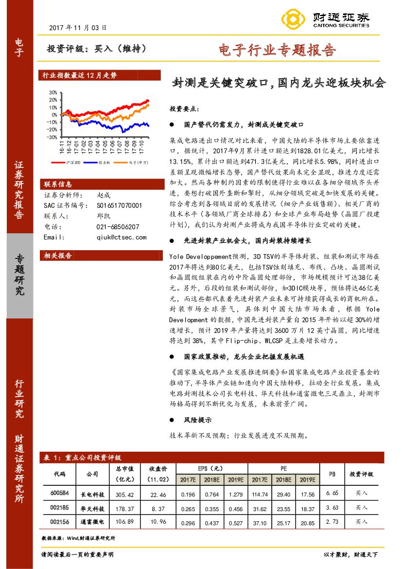 财通证券：电子行业专题报告：封测是关键突破口，国内龙头迎板块机会