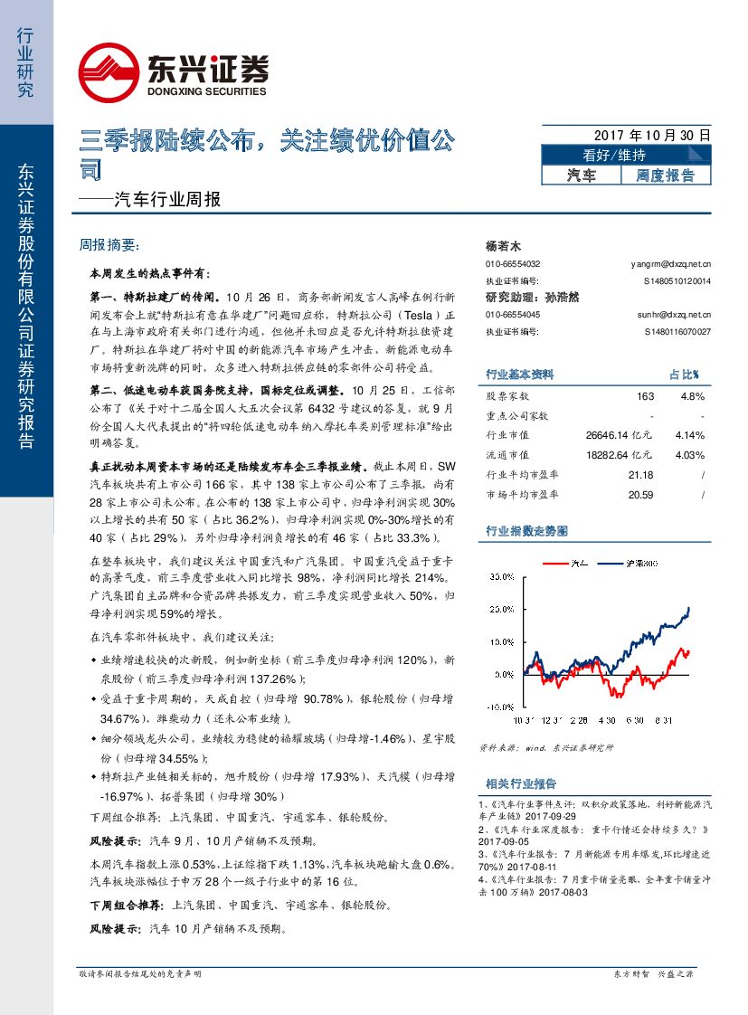 东兴证券：汽车行业周报：三季报陆续公布，关注绩优价值公司