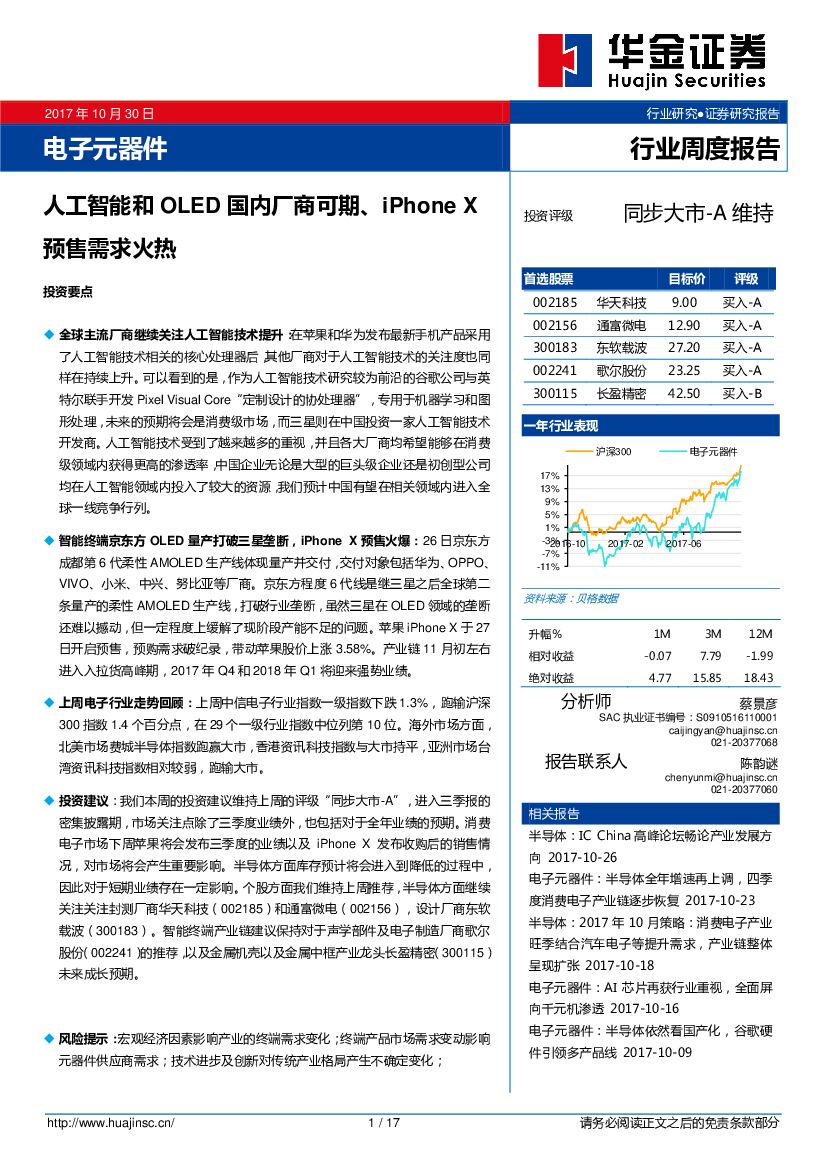 华金证券：电子元器件行业周度报告：<em>人工智能</em>和OLED国内厂商可期、iPhone X预售需求火热 海报