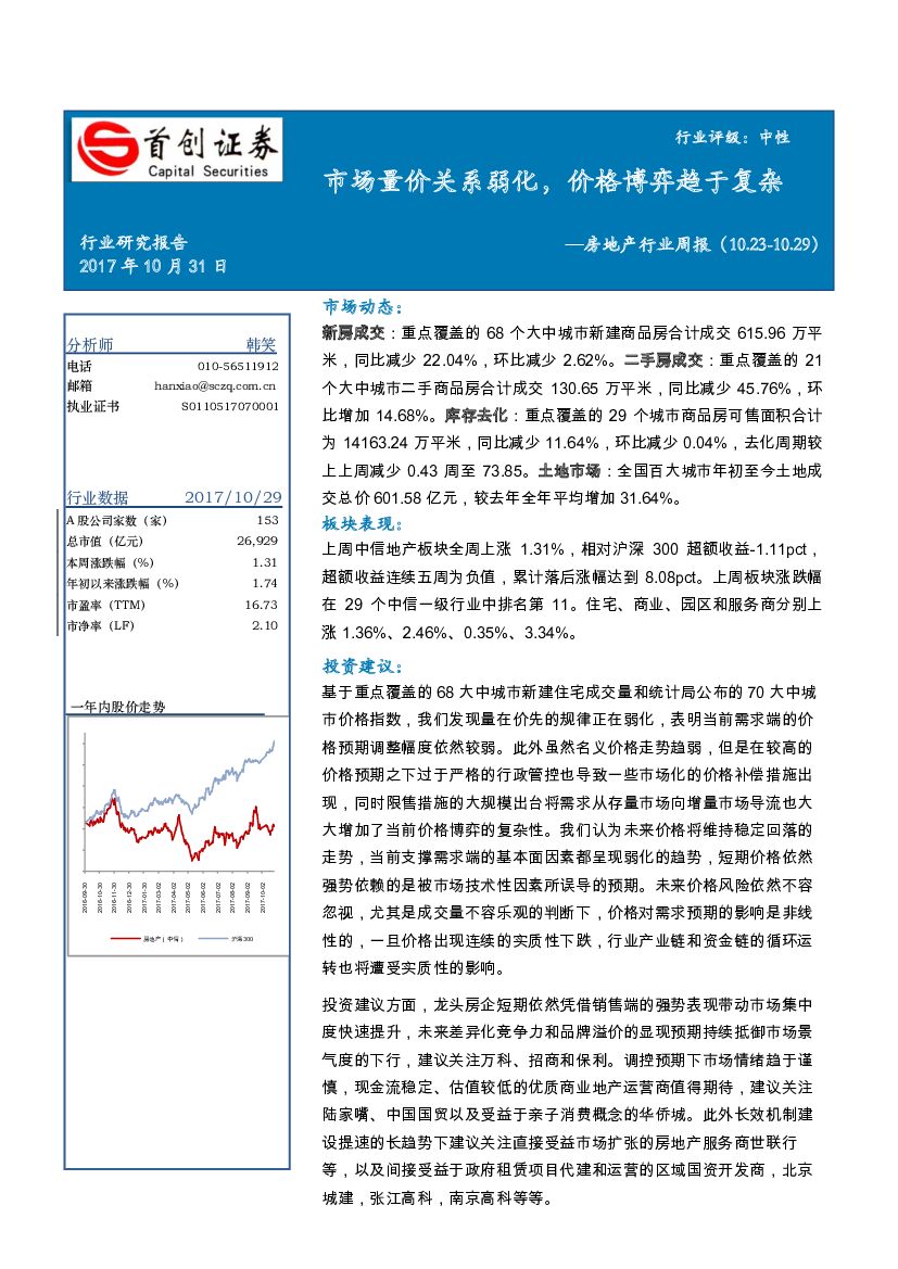 首创证券：房地产行业周报：市场量价关系弱化， 价格博弈趋于复杂