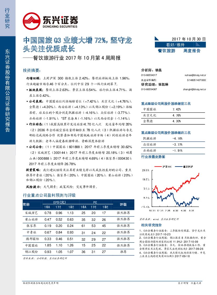 东兴证券：餐饮旅游行业2017年10月第4周周报：中国国旅Q3业绩大增72%，坚守龙头关注优质成长