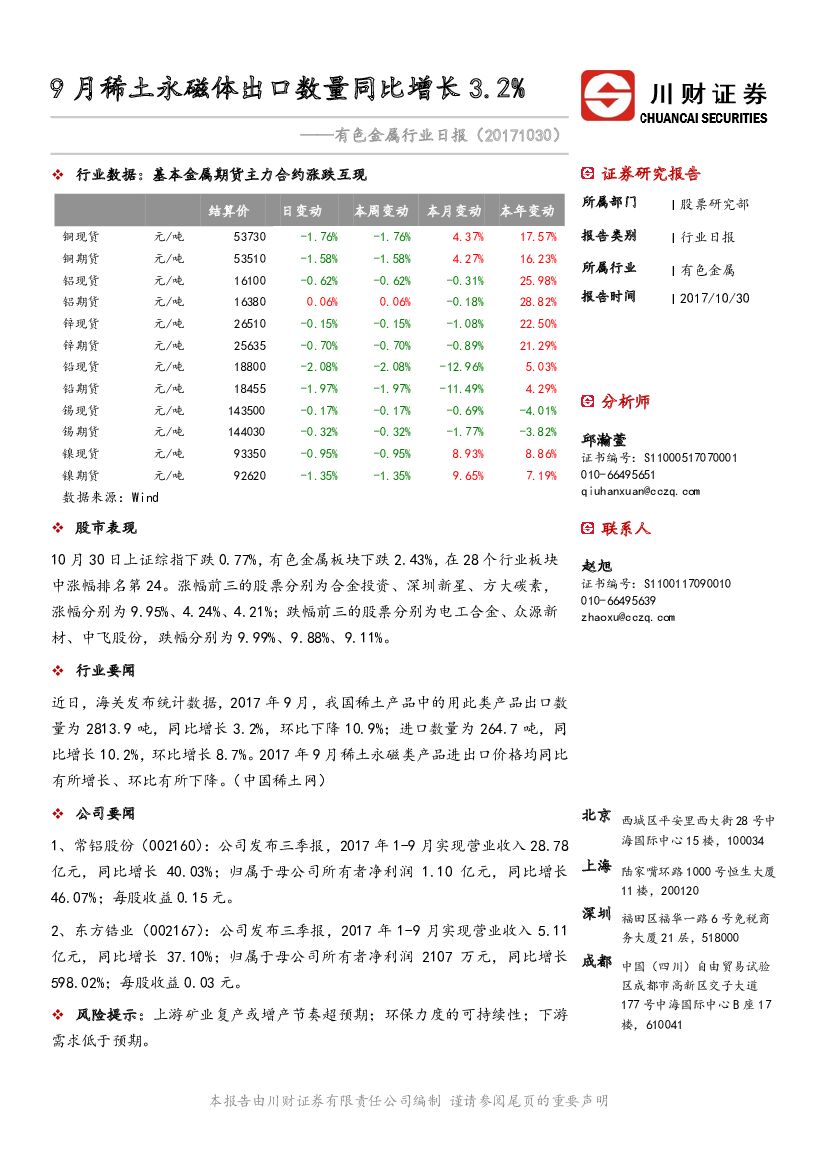 川财证券：有色金属行业日报：9月稀土永磁体出口数量同比增长3.2%