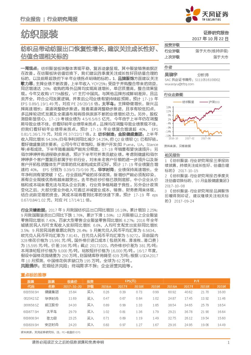 天风证券：纺织服装行业研究周报：纺织品带动纺服出口恢复性增长，建议关注成长性好、估值合理相关标的