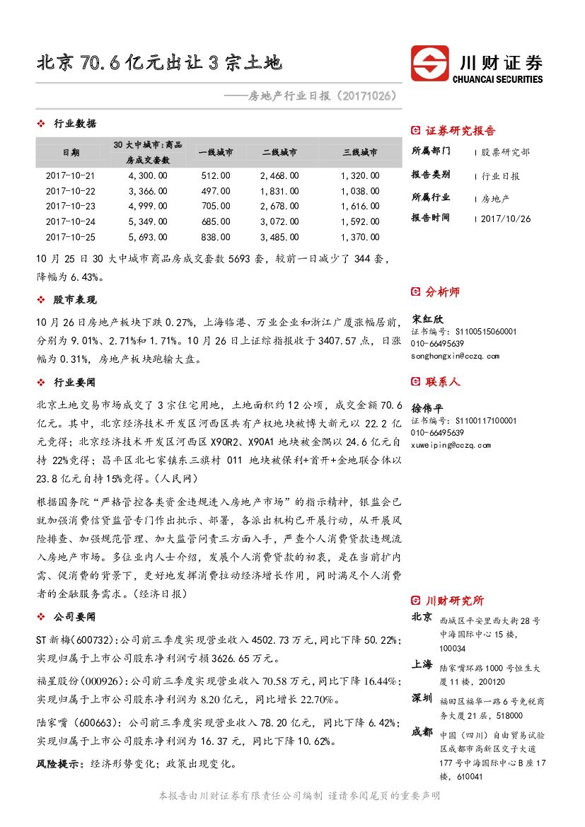 川财证券：房地产行业日报：北京70.6亿元出让3宗土地