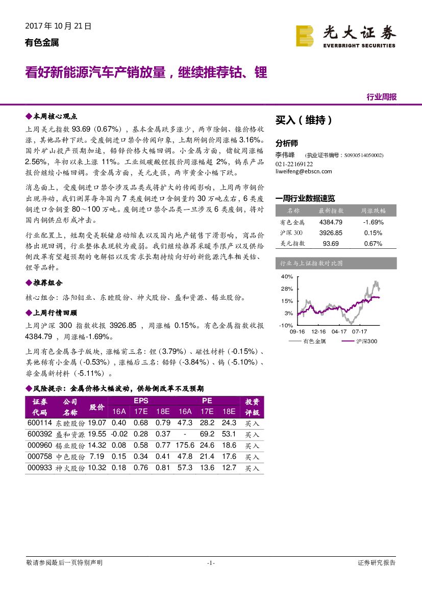 光大证券：有色金属行业周报：看好新<em>能源</em>汽车产销放量，继续推荐钴、锂 海报