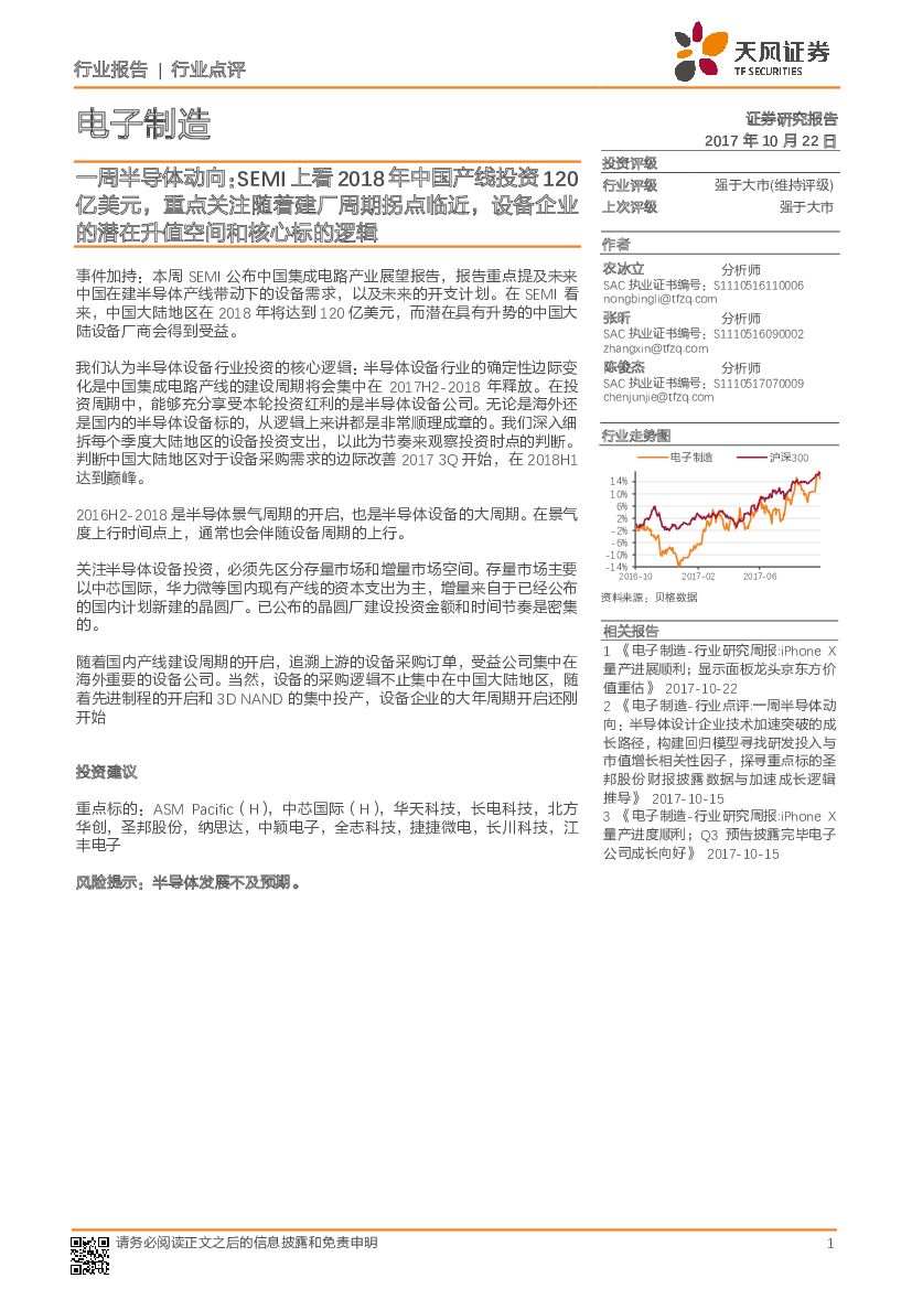 天风证券：电子制造：一周半导体动向：SEMI上看2018年中国产线投资120亿美元，重点关注随着建厂周期拐点临近，设备企业的潜在升值空间和核心标的逻辑