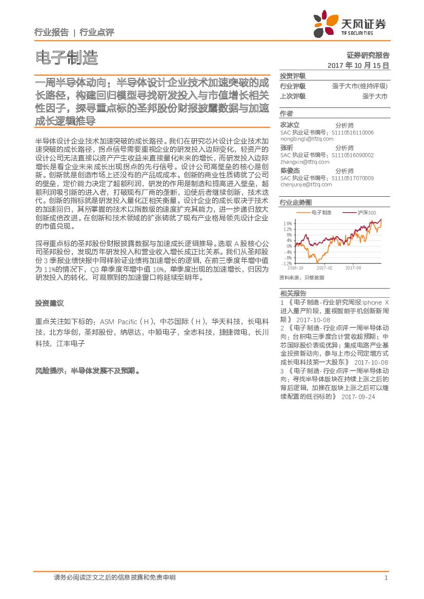 天风证券：电子制造：一周半导体动向：半导体设计企业技术加速突破的成长路径，构建回归模型寻找研发投入与市值增长相关性因子，探寻重点标的圣邦股份财报披露数据与加速成长逻辑推导