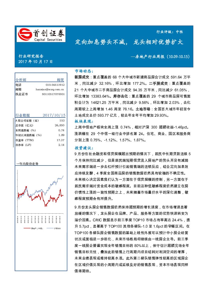首创证券：房地产行业周报：定向加息势头不减，龙头相对优势扩大