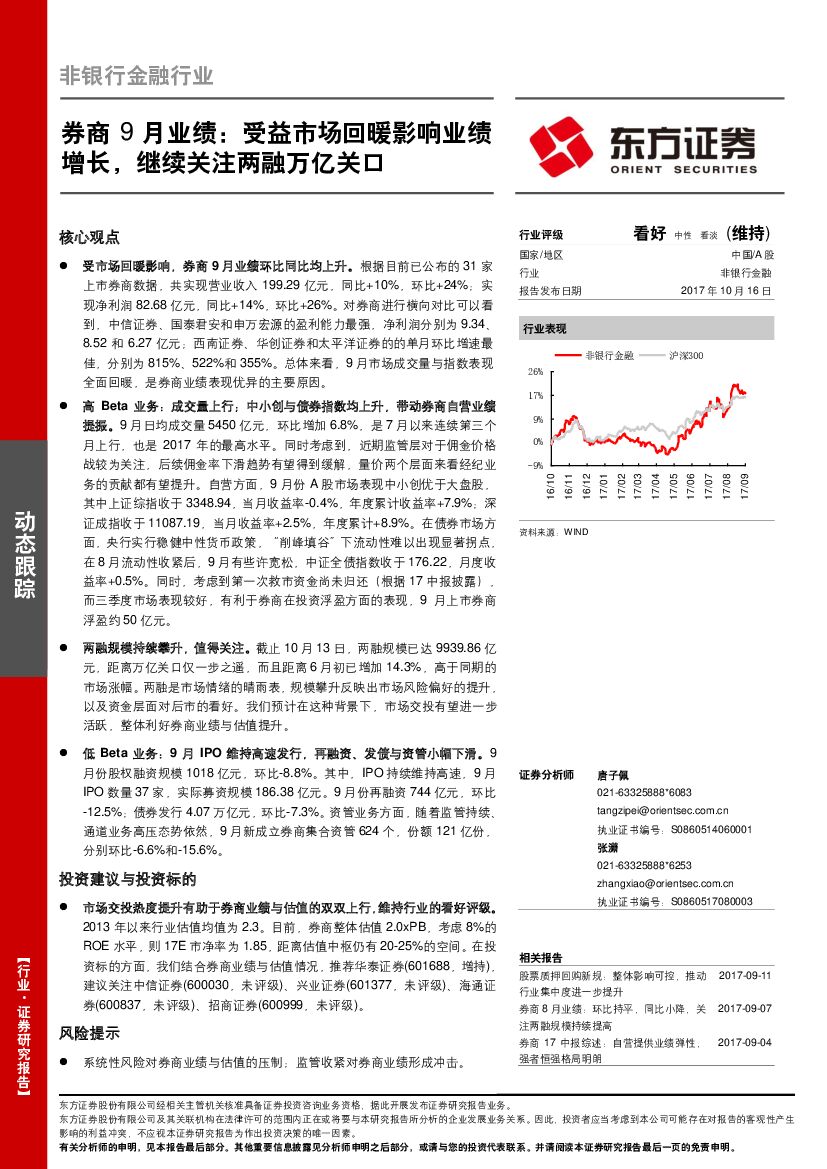 东方证券：非银行金融行业：券商9月业绩：受益市场回暖影响业绩增长，继续关注两融万亿关口