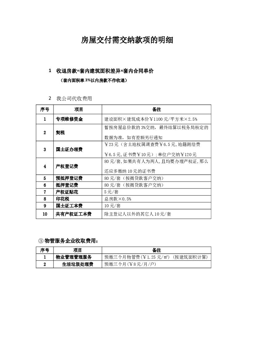 房屋交付需交纳款项明细(现场公式)