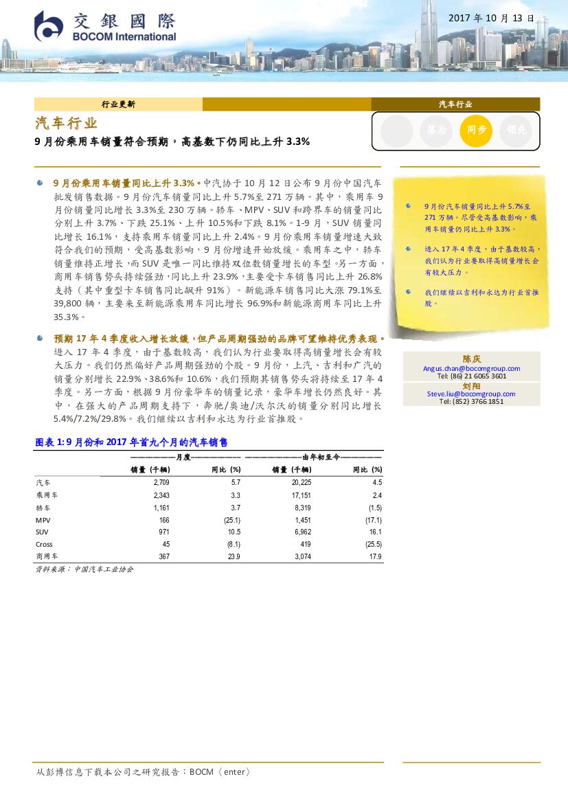 交银国际证券：汽车行业：9月份乘用车销量符合预期，高基数下仍同比上升3.3%
