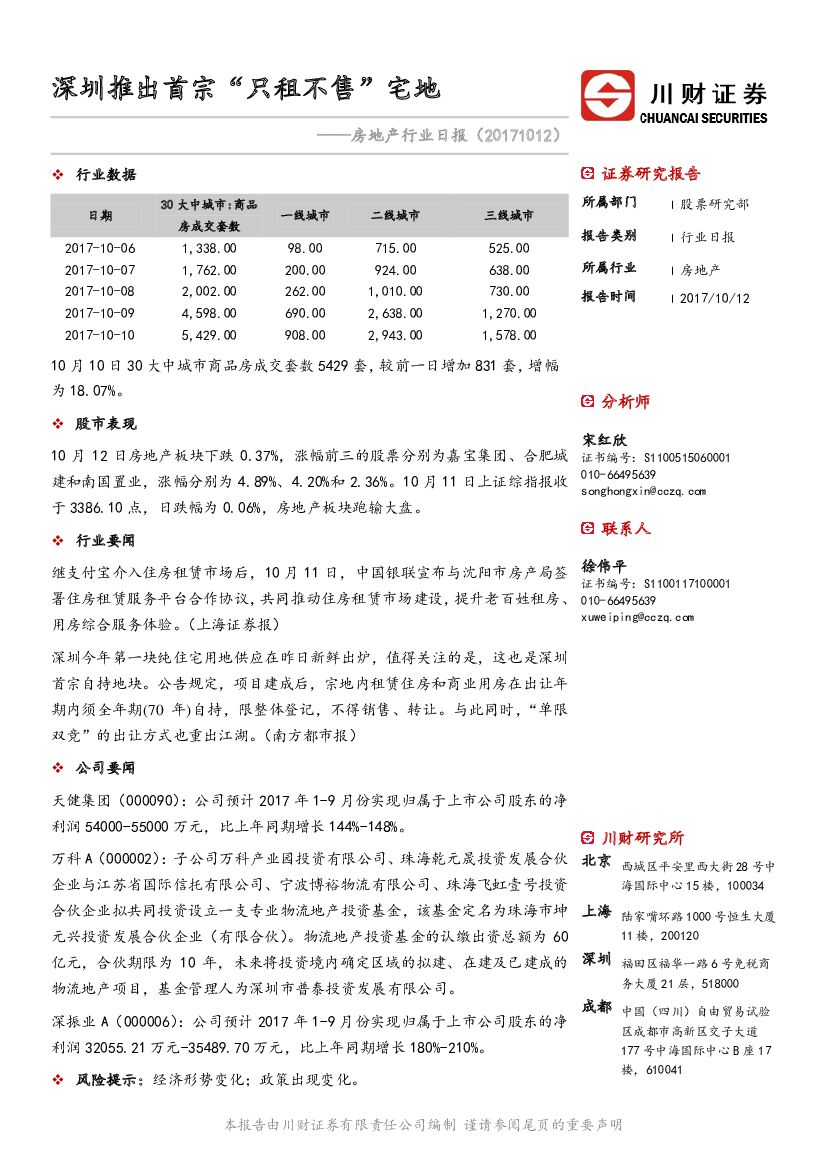 川财证券：房地产行业日报：深圳推出首宗“只租不售”宅地