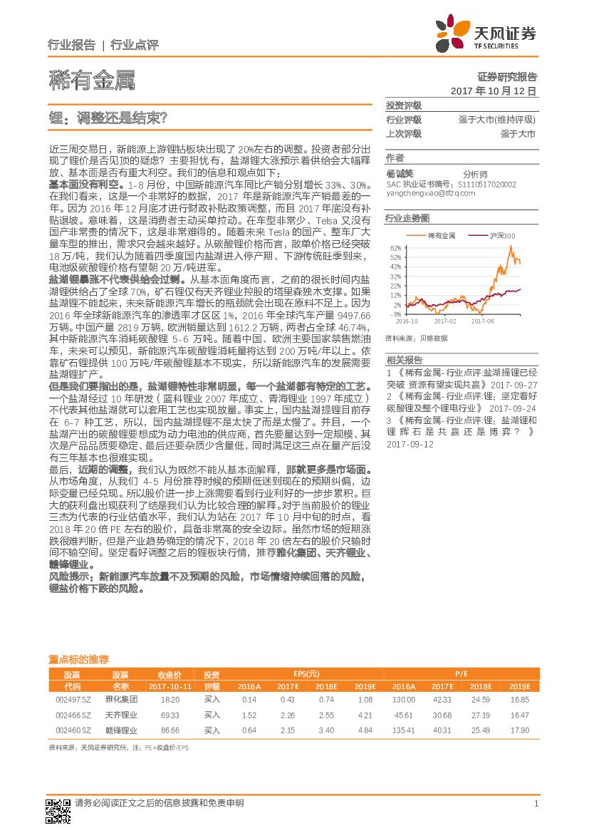 天风证券：稀有金属行业点评：锂：调整还是结束？