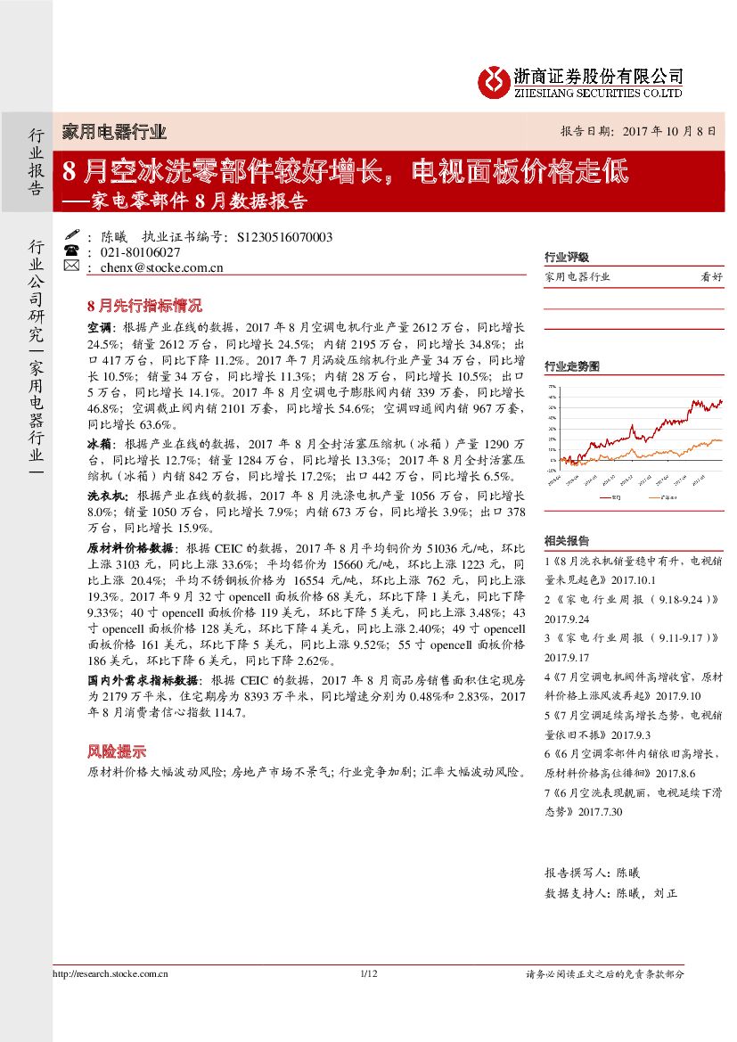 浙商证券：家电零部件8月数据报告：8月空冰洗零部件较好增长，电视面板价格走低
