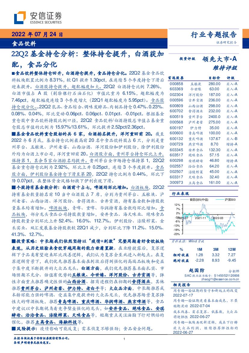 安信证券：食品饮料行业专题报告：22Q2基金持仓分析：整体持仓提升，白酒获加配，食品分化