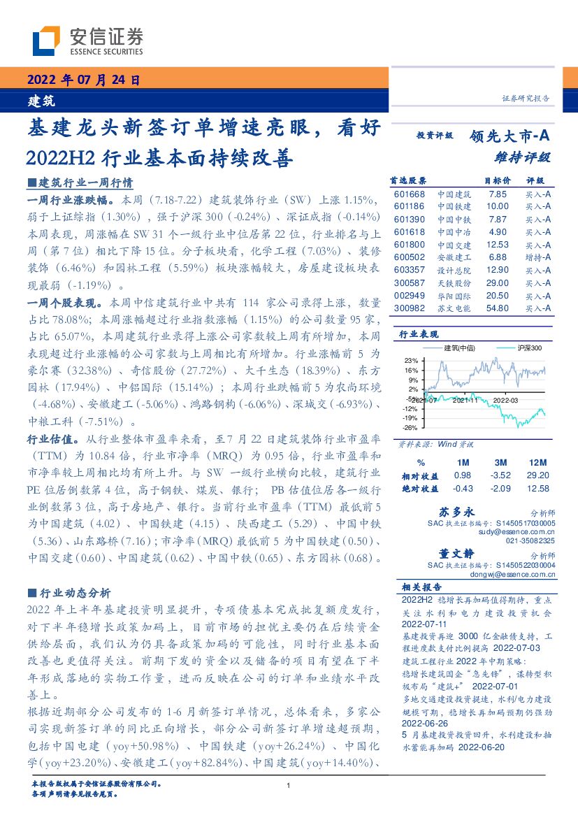 安信证券：建筑：基建龙头新签订单增速亮眼，看好2022H2行业基本面持续改善 海报