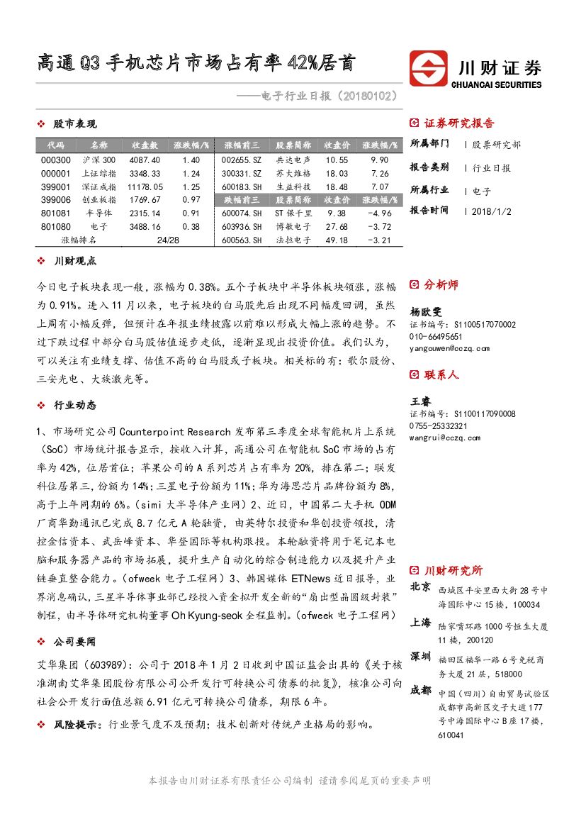 川财证券：电子行业日报：高通Q3手机芯片市场占有率42%居首