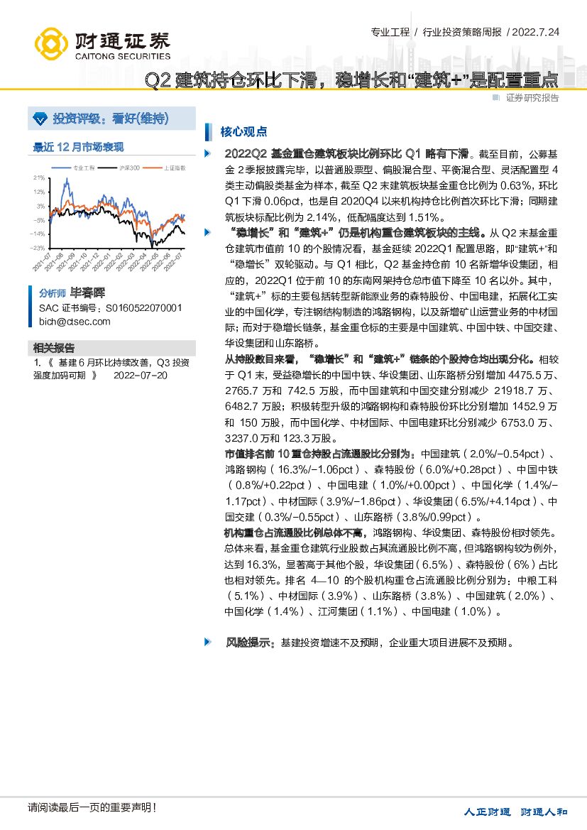 财通证券：专业工程行业投资策略周报：Q2建筑持仓环比下滑，稳增长和“建筑+”是配置重点