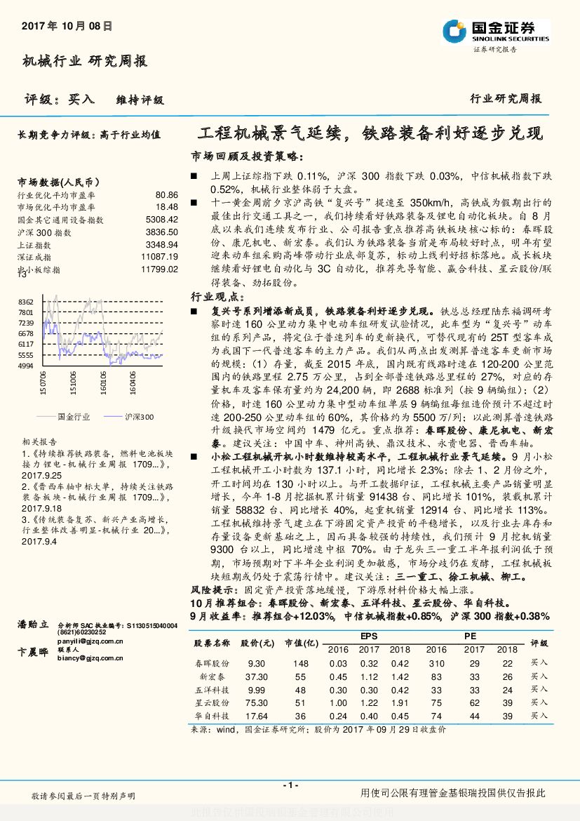 国金证券：机械行业研究周报：工程机械景气延续，铁路装备利好逐步兑现