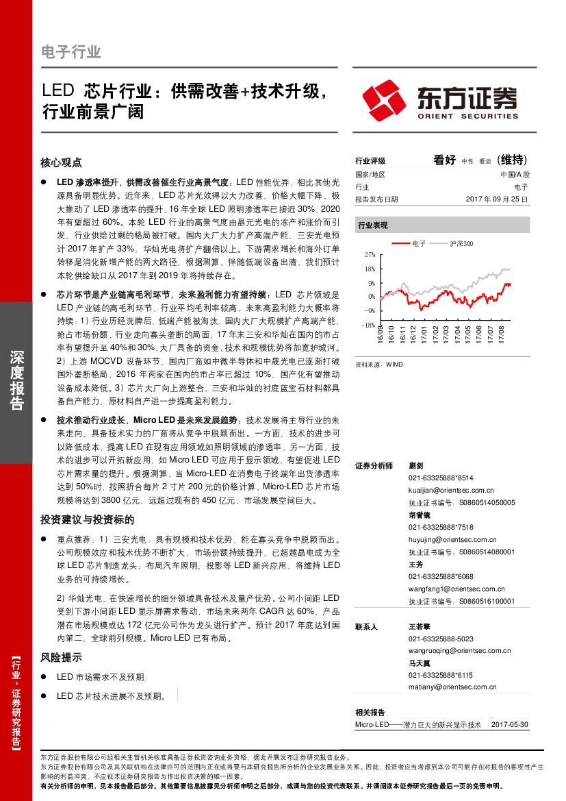 东方证券：LED芯片行业：供需改善+技术升级，行业前景广阔
