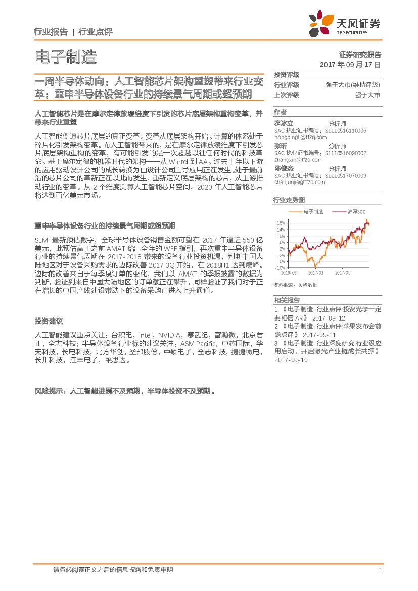 天风证券：电子制造一周半导体动向：<em>人工智能</em>芯片架构重塑带来行业变革；重申半导体设备行业的持续景气周期或超预期 海报