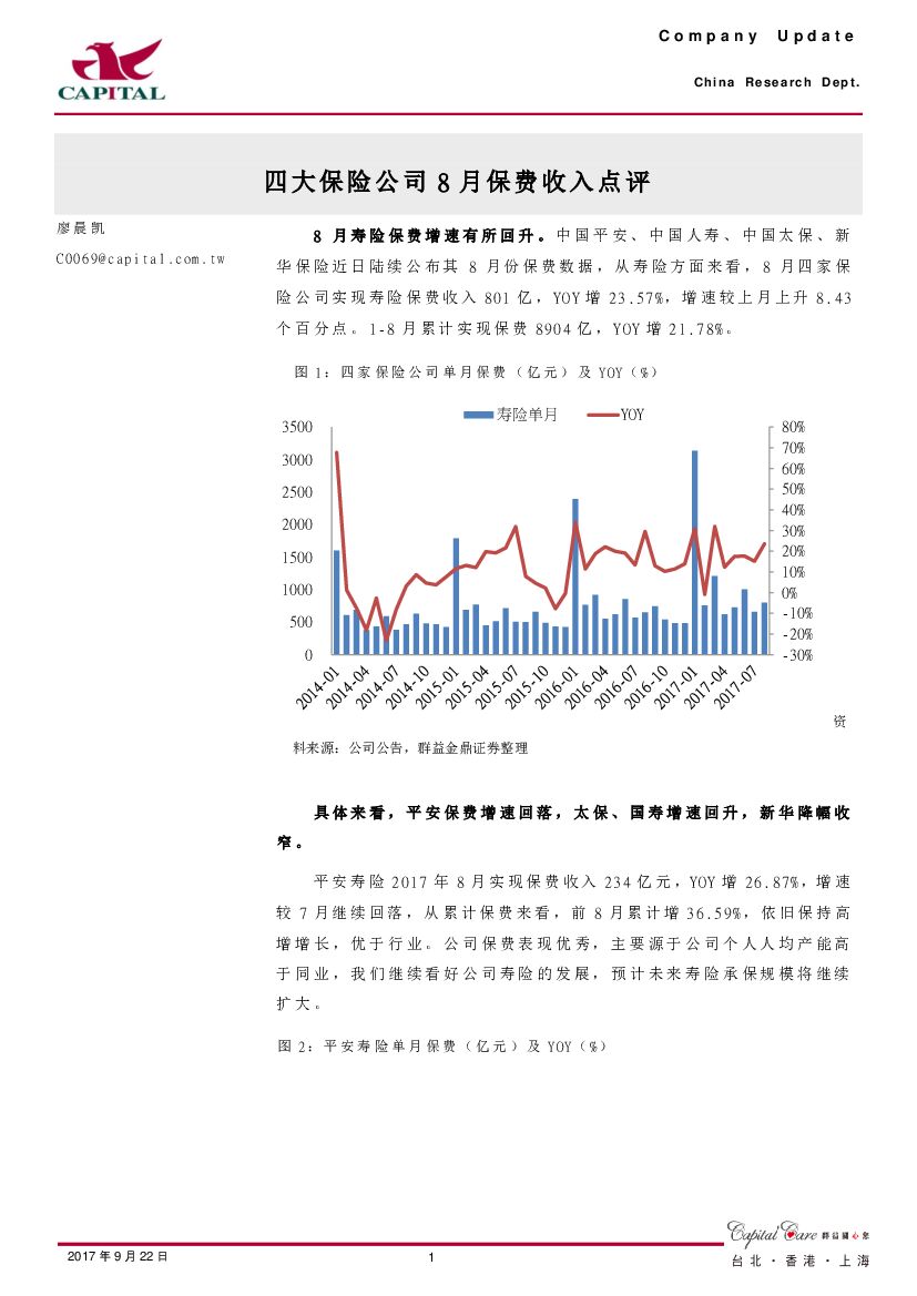 群益证券：四大保险公司8月保费收入点评