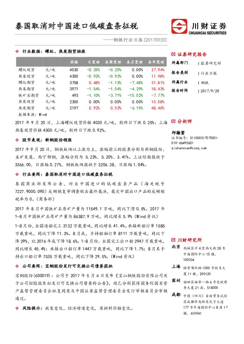 川财证券：钢铁行业日报：泰国取消对中国进口低碳盘条征税