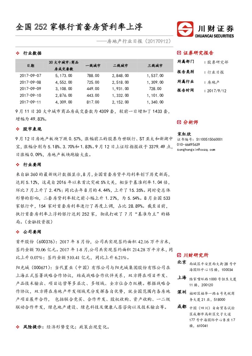 川财证券：房地产行业日报：全国252家银行首套房贷利率上浮