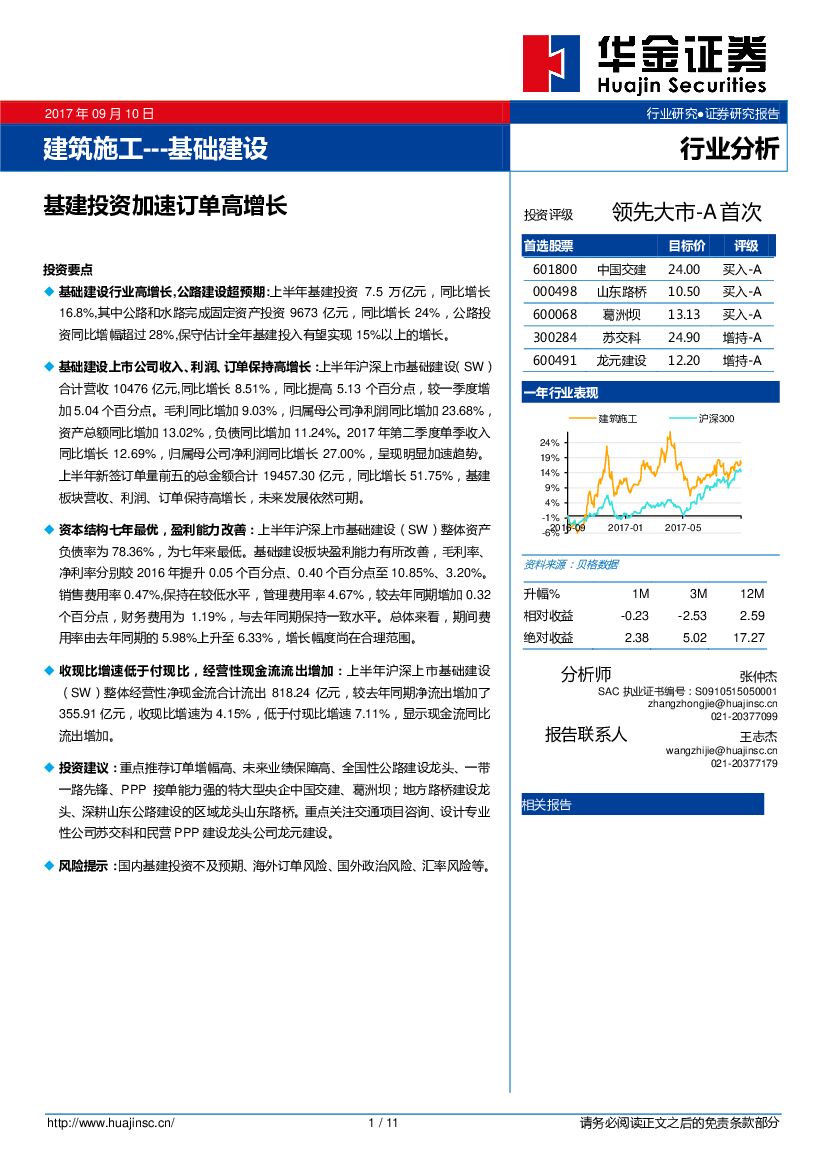 华金证券：建筑施工---基础建设：基建投资加速订单高增长