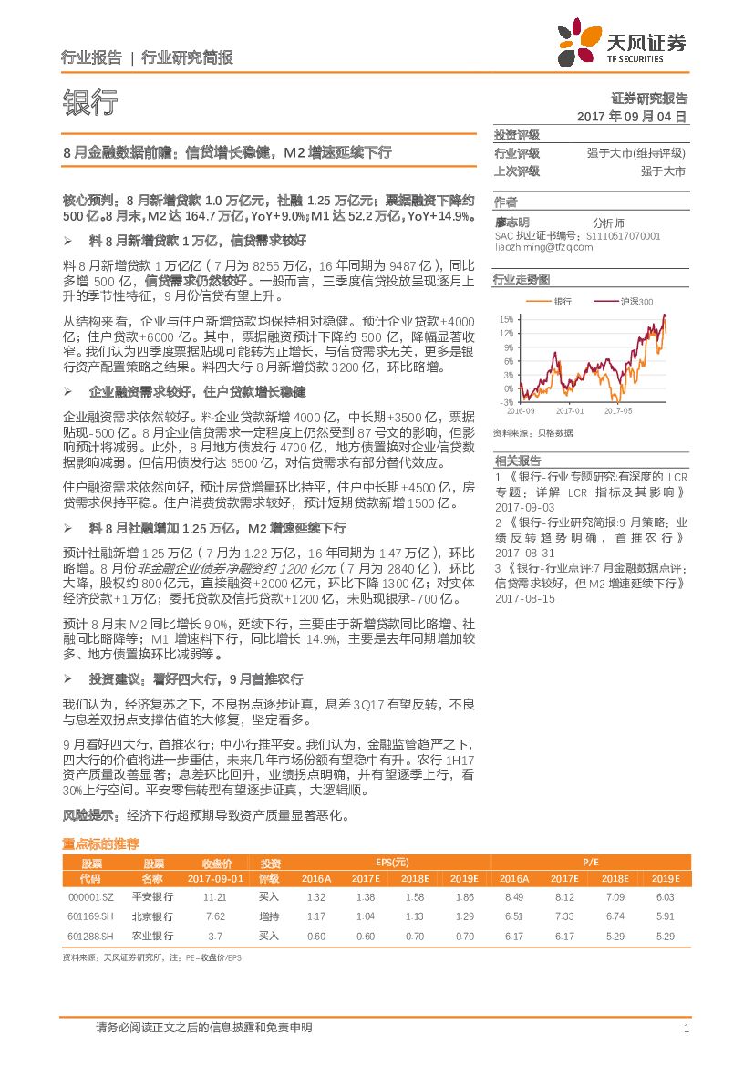 天风证券：银行8月金融数据前瞻：信贷增长稳健，M2增速延续下行