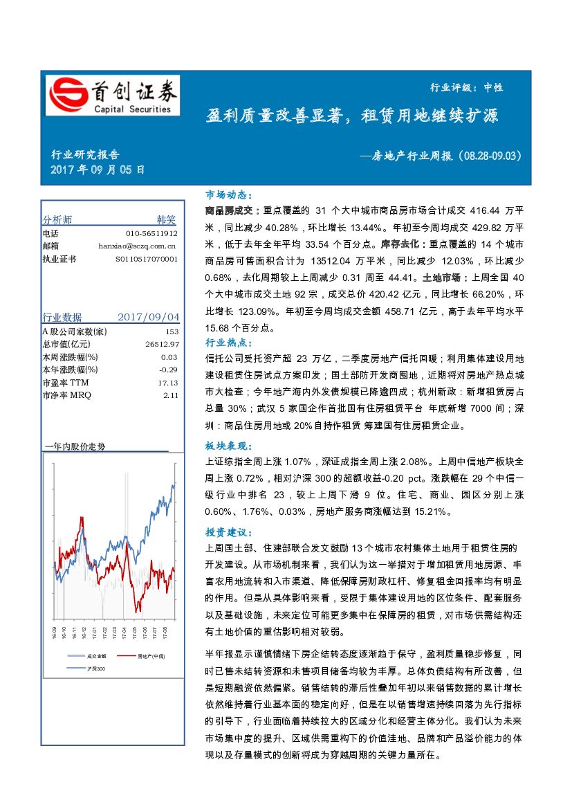 首创证券：房地产行业周报：盈利质量改善显著，租赁用地继续扩源
