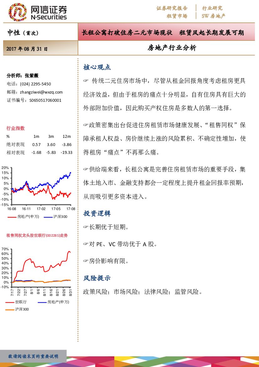 网信证券：房地产行业分析：长租公寓打破住房二元市场现状 赁风起长期发展可期
